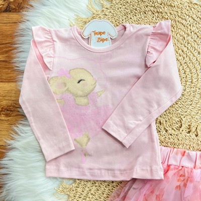 Conj. Blusa Coelhinha Bailarina e Short Saia em Tule - Rosa
